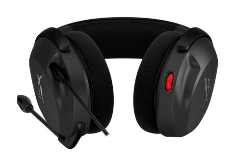 Czarny zestaw słuchawkowy dla graczy z mikrofonem. Ma czerwony przycisk z boku.