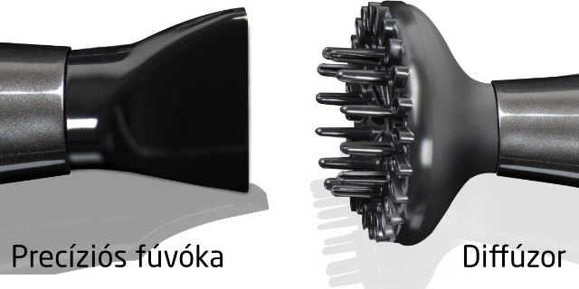 Két hajszárító tartozék, egy precíziós fúvóka, egy diffúzor.