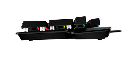 Czarna klawiatura mechaniczna z boku, pokazująca klawisze i przełączniki.