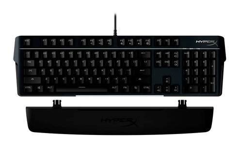 Czarna klawiatura z podpórką pod nadgarstki, widok z góry.