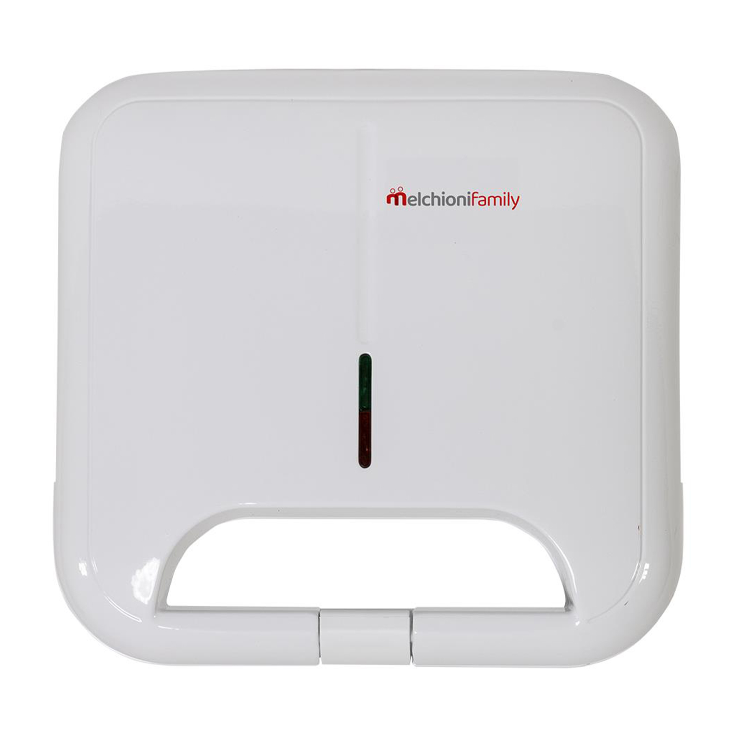 Tostapane bianco con logo rosso, luci verdi e rosse e intaglio per la maniglia.