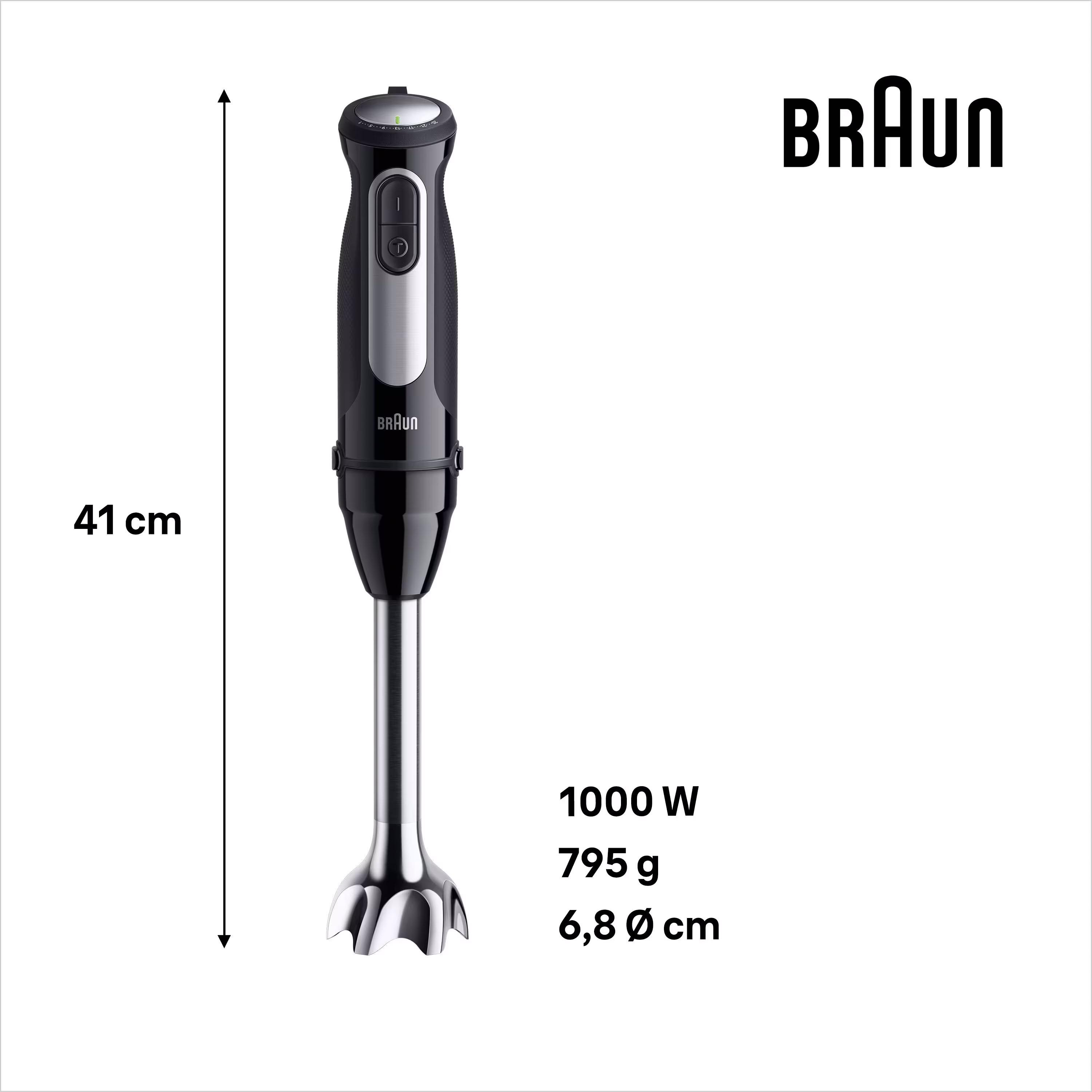 Ein schwarzer Handmixer von Braun mit Abmessungen und Spezifikationen.