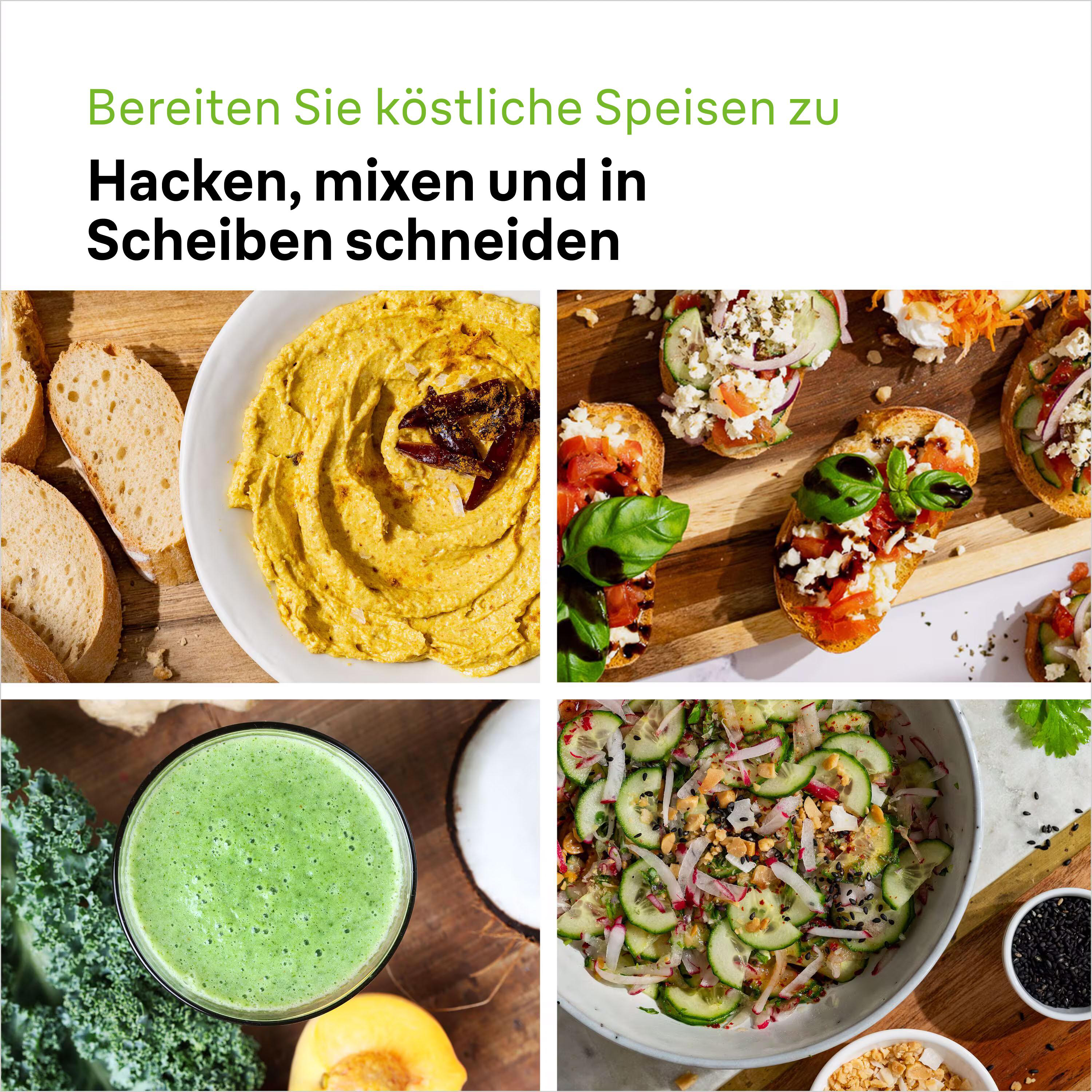 Collage von Essensbildern: Hummus, Bruschetta, grüner Smoothie und Salat. Grüner Text oben.