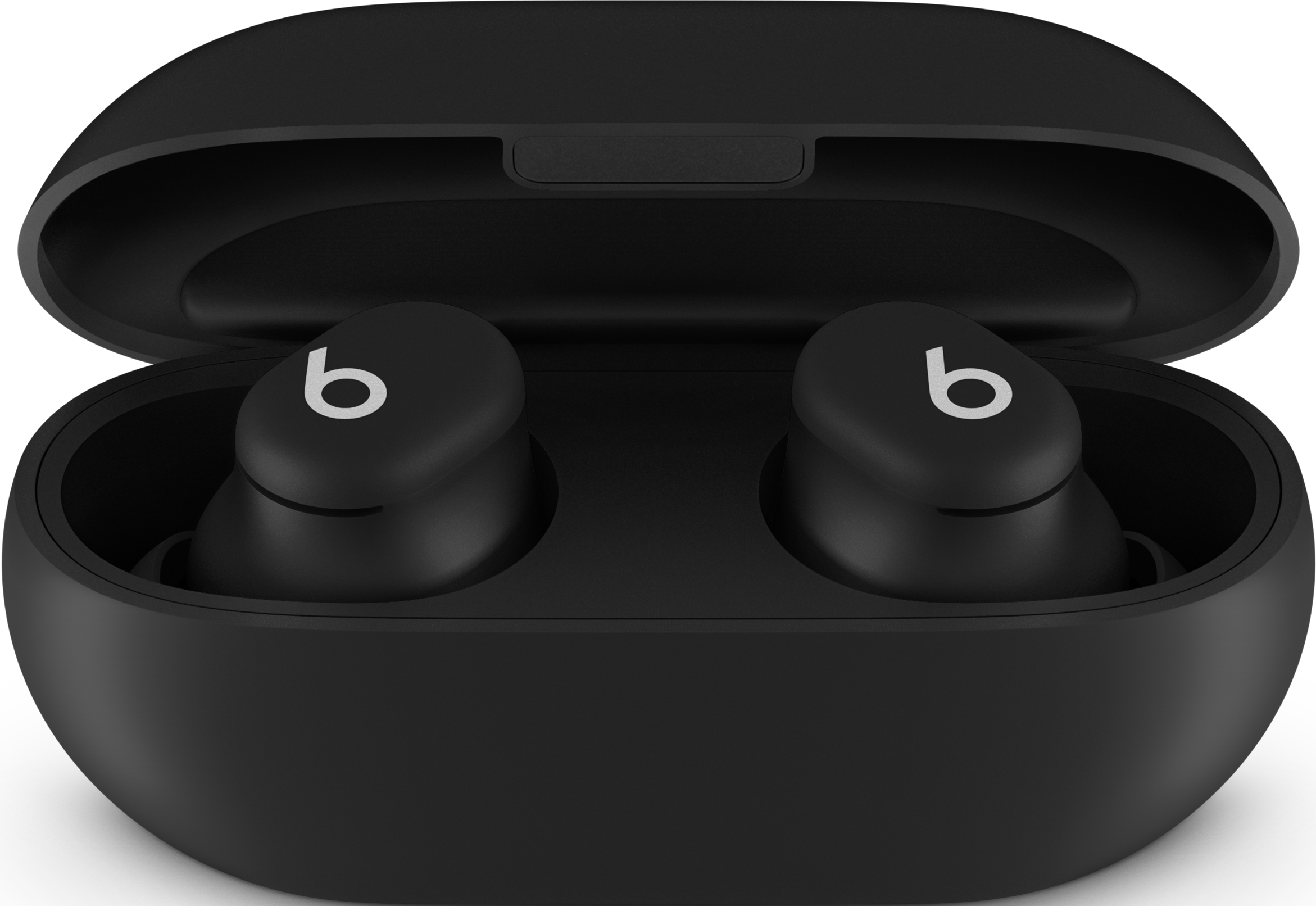 Schwarze Beats Studio Buds in ihrem offenen Ladecase auf schwarzem Untergrund.