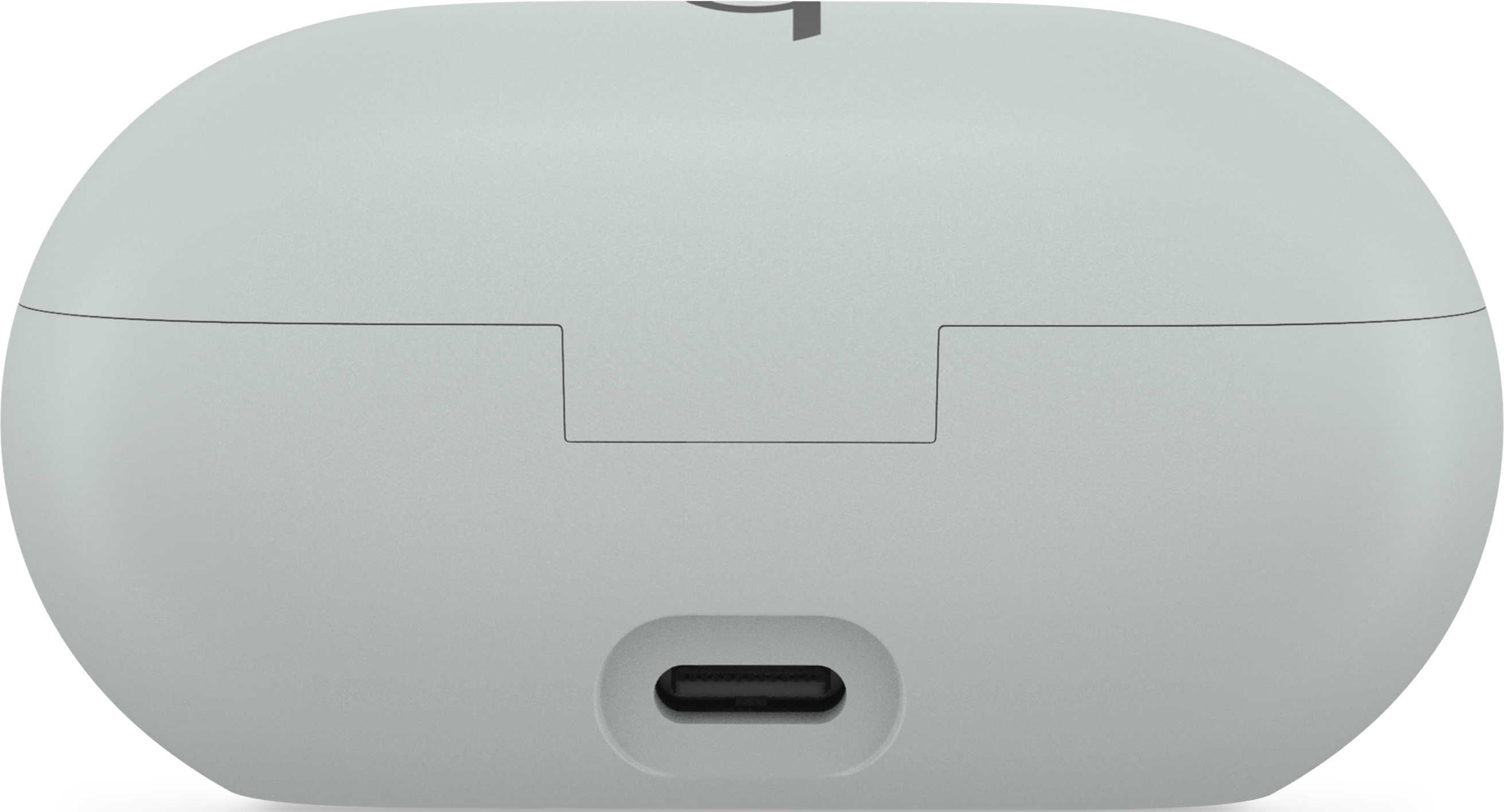 Nahaufnahme eines hellgrauen Ladeetuis mit USB-C-Anschluss, isoliert auf Weiß.