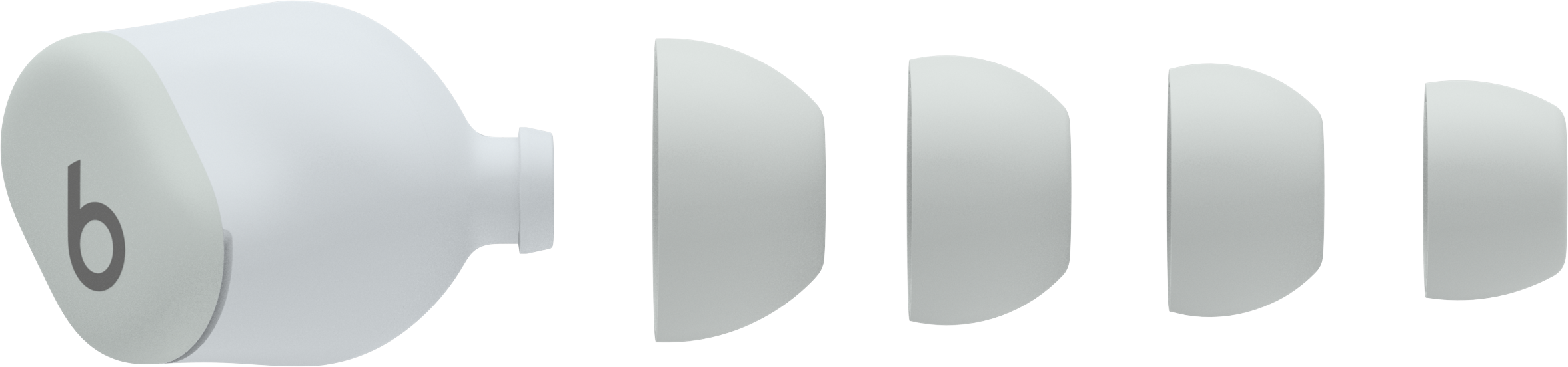 Weiße Beats-Ohrhörer und -Spitzen. Schwarzer Hintergrund.