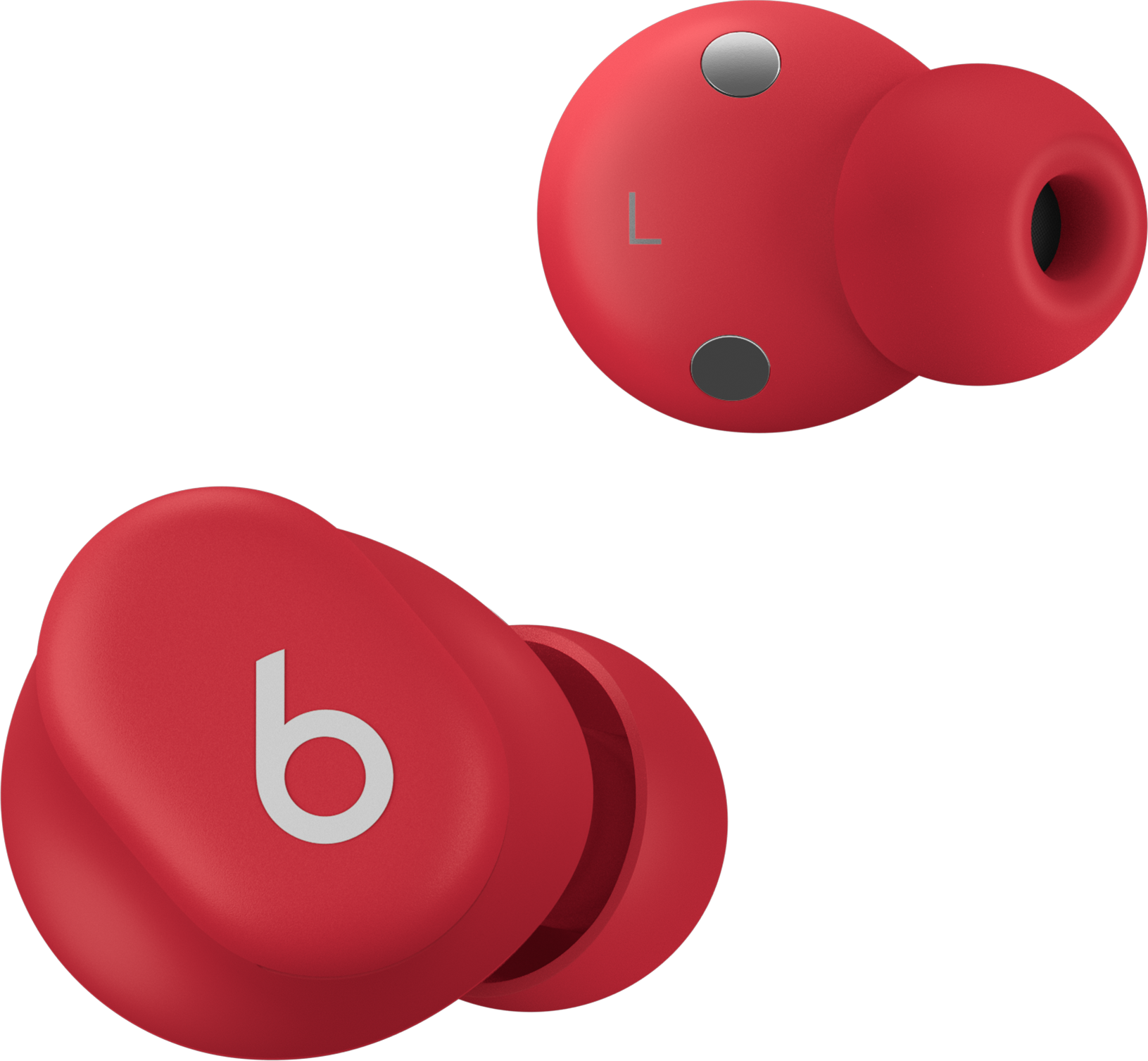 Paar rote Beats-Ohrhörer mit schwarzem Hintergrund. Das 'b'-Logo ist auf einem Ohrhörer sichtbar.