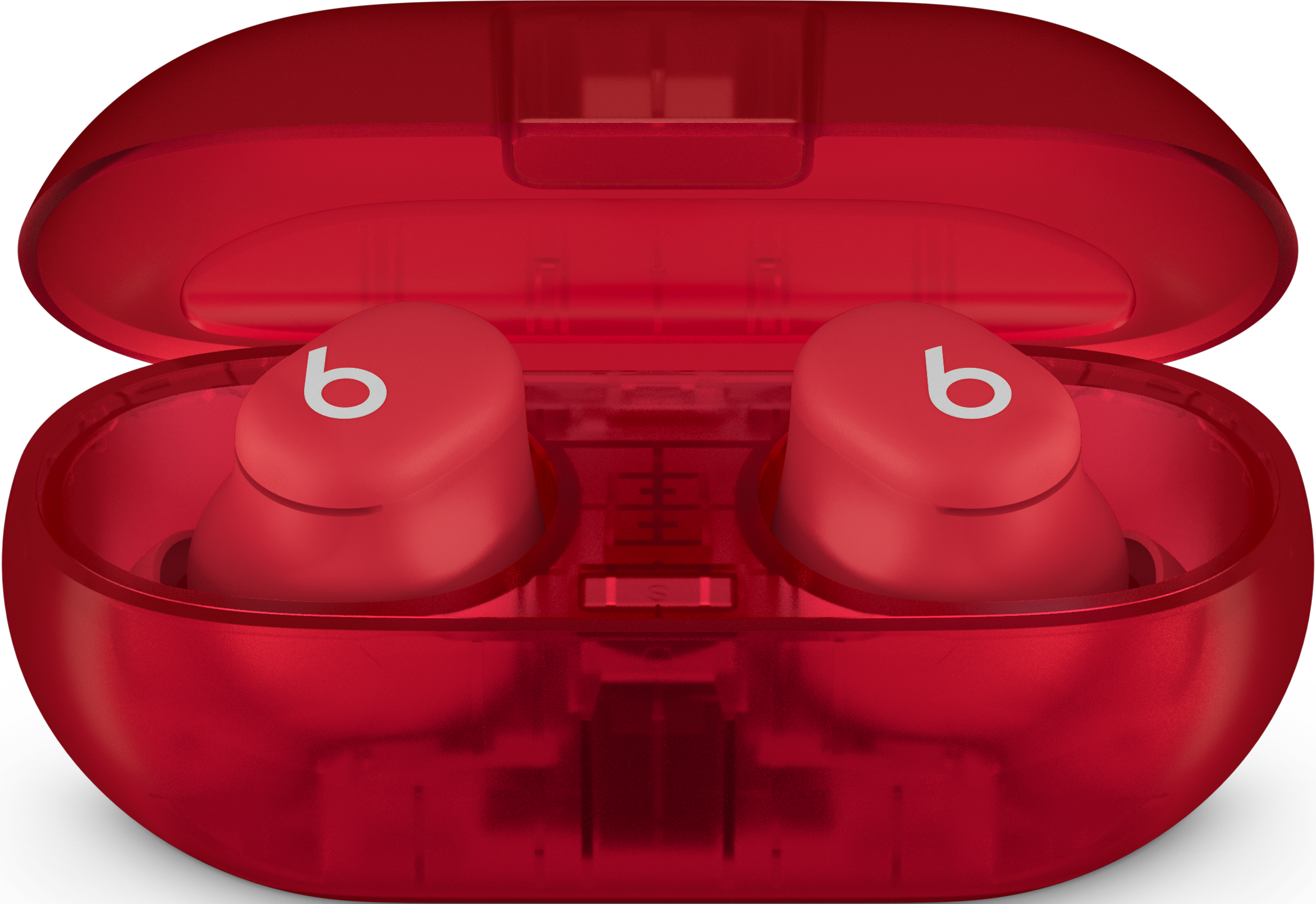 Rote Beats-Ohrhörer in rotem Etui, mit weißem 'b'-Logo auf den Ohrhörern.