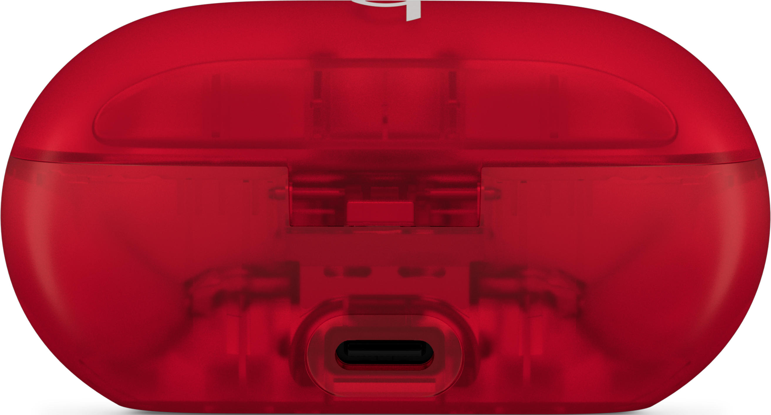 Rotes, transparentes Ladeetui für Ohrhörer, mit einem USB-C-Anschluss an der Unterseite.
