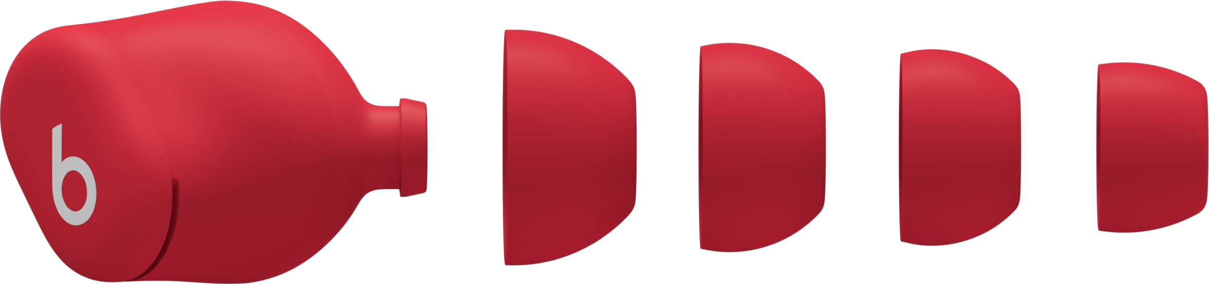 Rote Ohrhörer mit Ladecase auf schwarzem Hintergrund. Das Case hat ein weißes 'b' Logo.