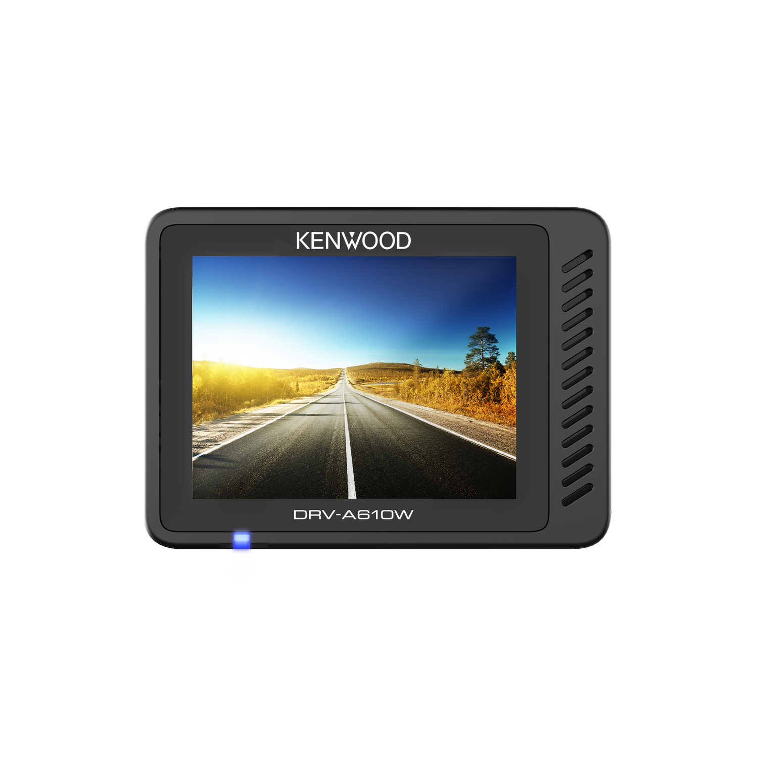 Dashcam screen showing a road scene under a blue sky. The device is black.