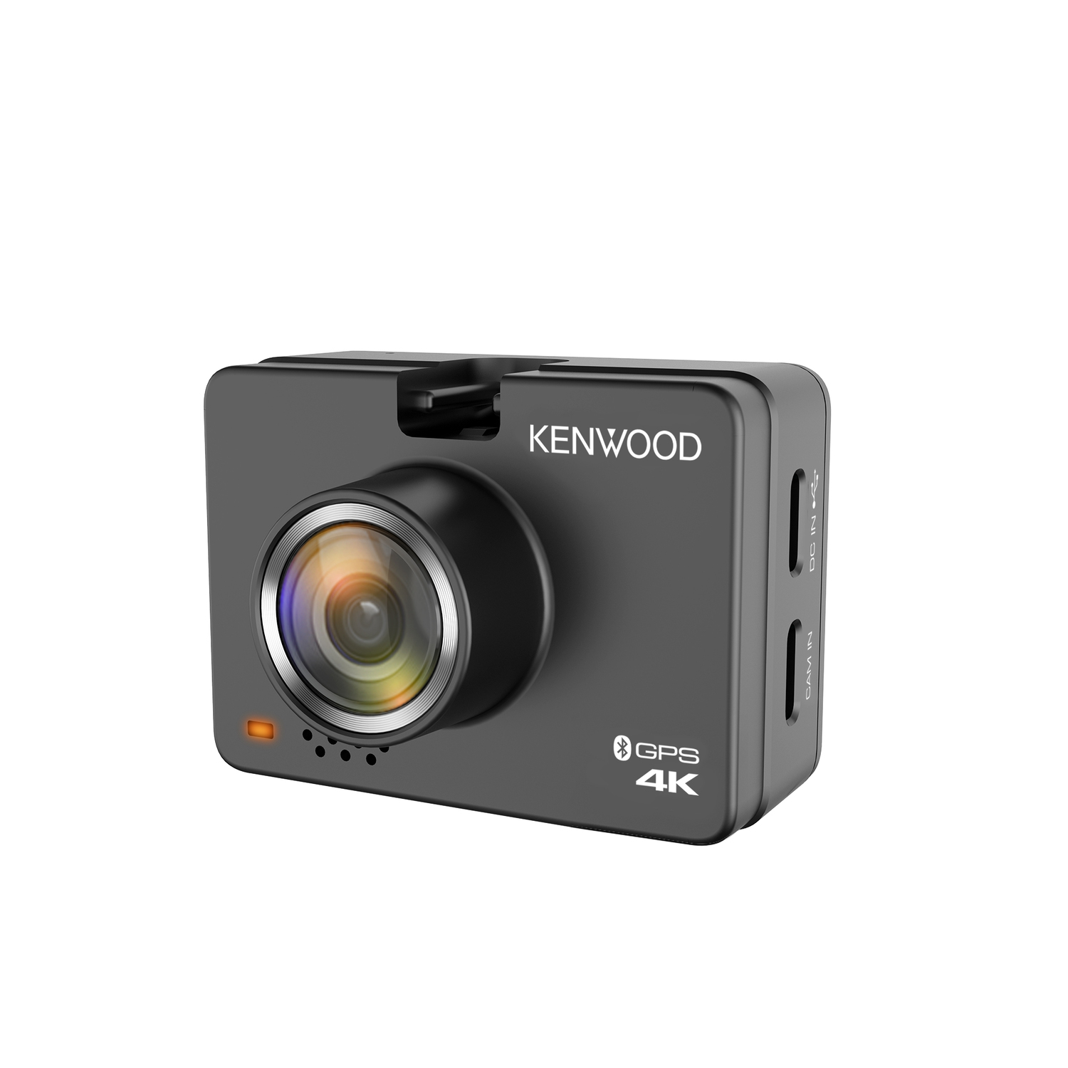 A black Kenwood dashcam with a lens, buttons, and ports. Text: GPS 4K.