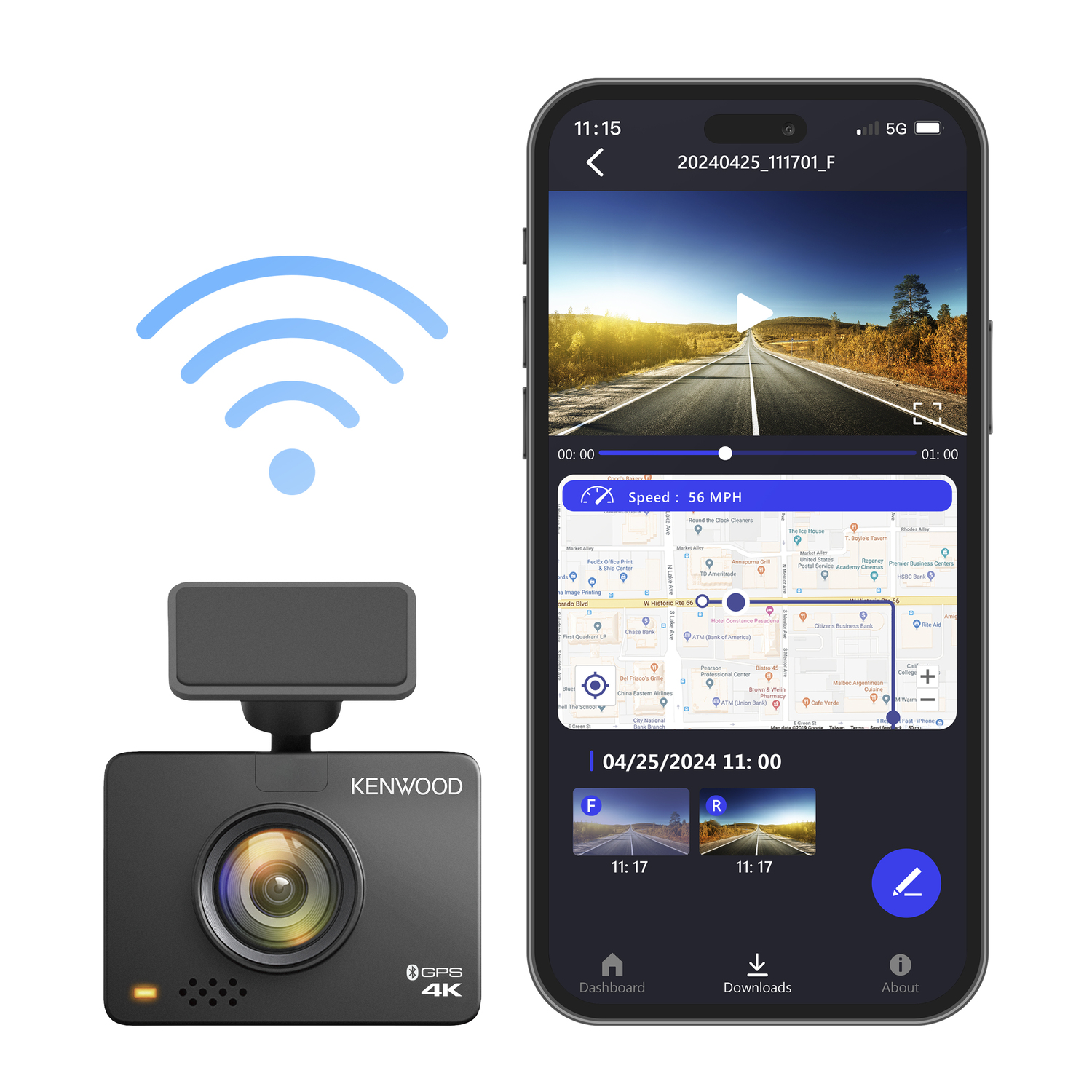 A dashcam and a smartphone showing a map and a video. A WiFi symbol is in the top left corner.