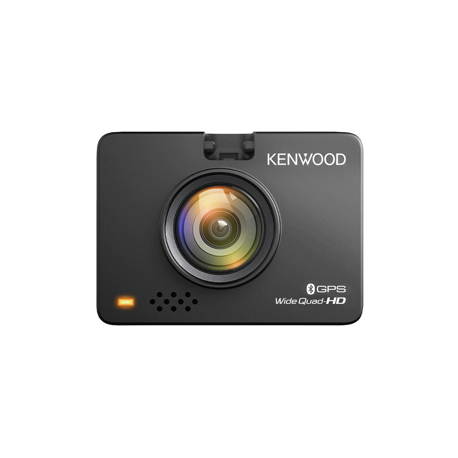 A black Kenwood dashcam with a lens and GPS label. The GPS light is lit.