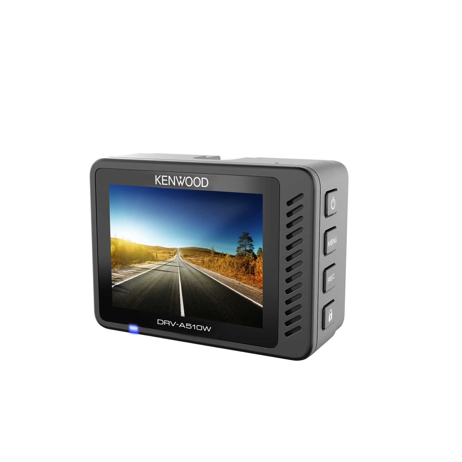 A black Kenwood dashcam showing a road scene on its screen.