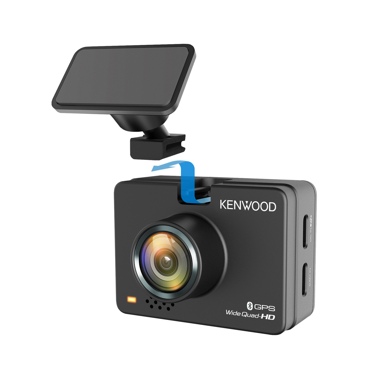Black Kenwood dashcam with a screen detached and a blue arrow indicating.