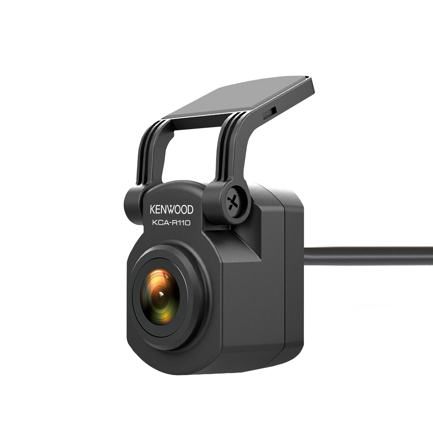 Black Kenwood dashcam with a lens and screen, mounted on a white background.