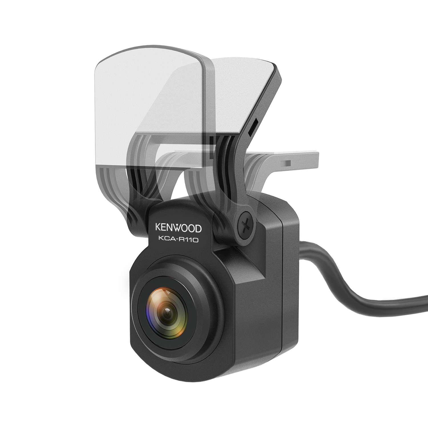 A black car dashcam with a lens, and adjustable mounting.