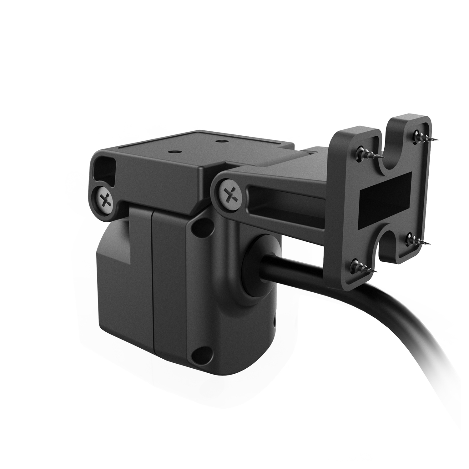 Black device with mounting bracket and cable. Two screws are visible, with a black wire attached.