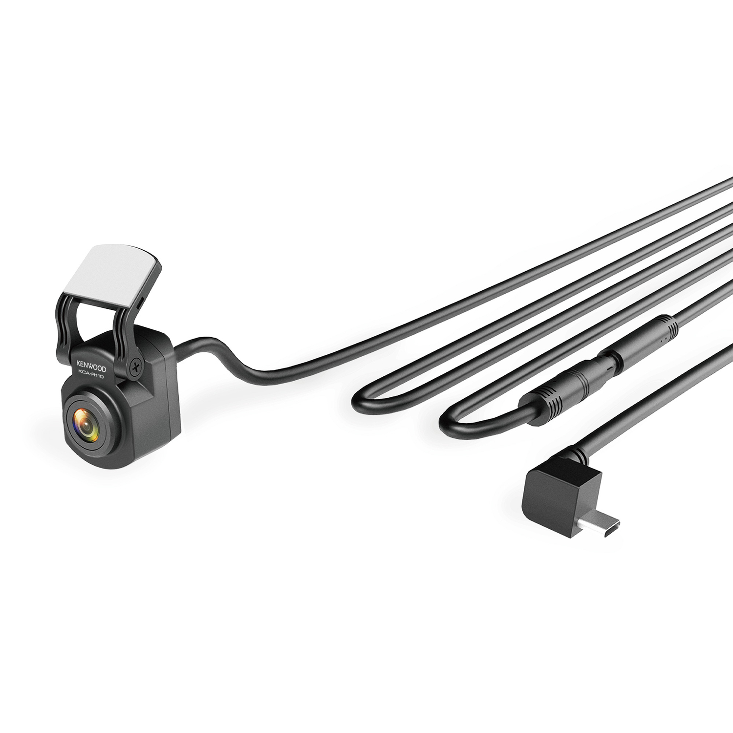 A dashcam with cables. The camera is black, and the cables are black and grey.