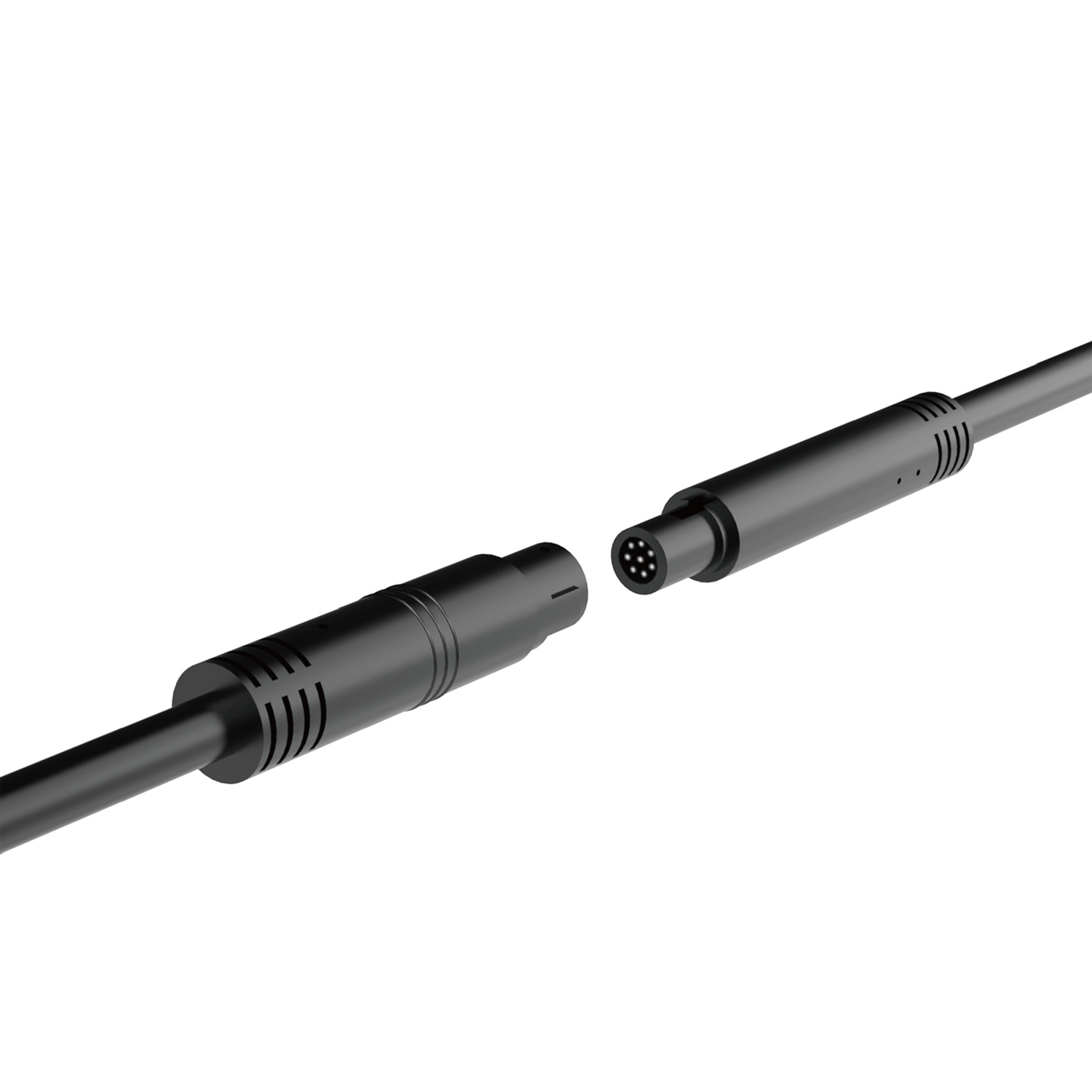Two black connector cables, one with multiple pins, separated on a white background.