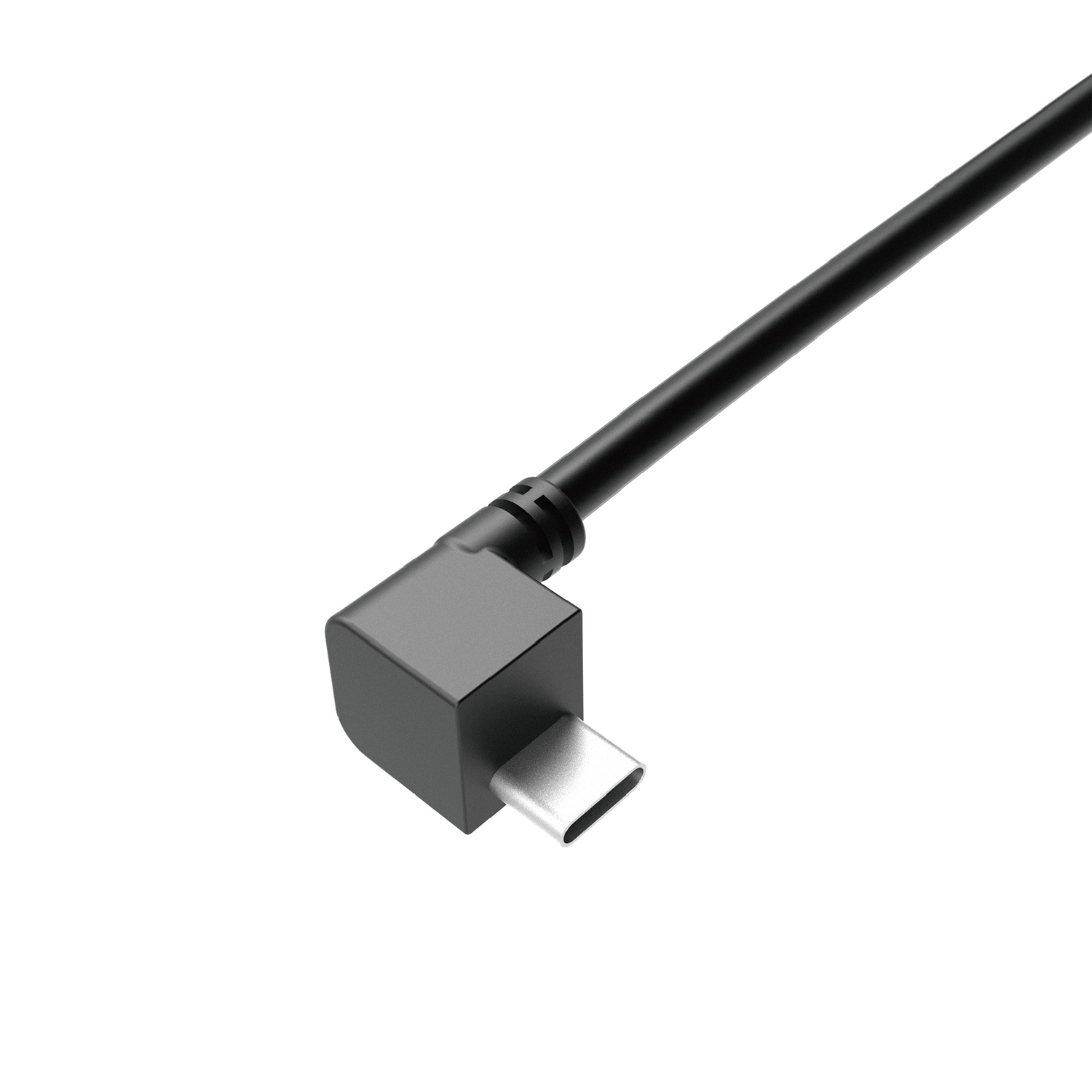 Close-up of a black USB-C cable with a right-angled connector.
