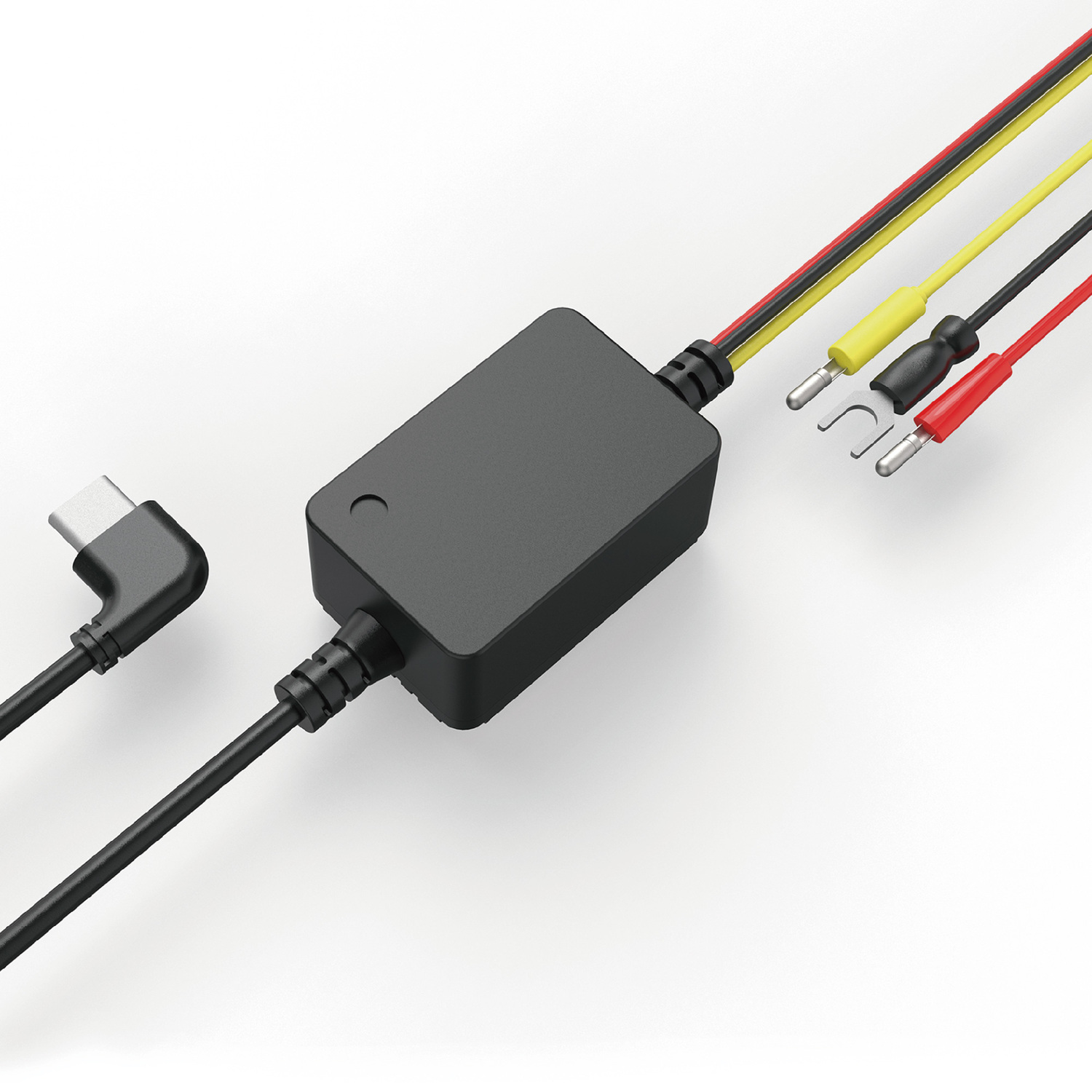 Boîtier de connecteur noir avec trois fils colorés. Fils rouge, jaune et noir avec connecteurs.