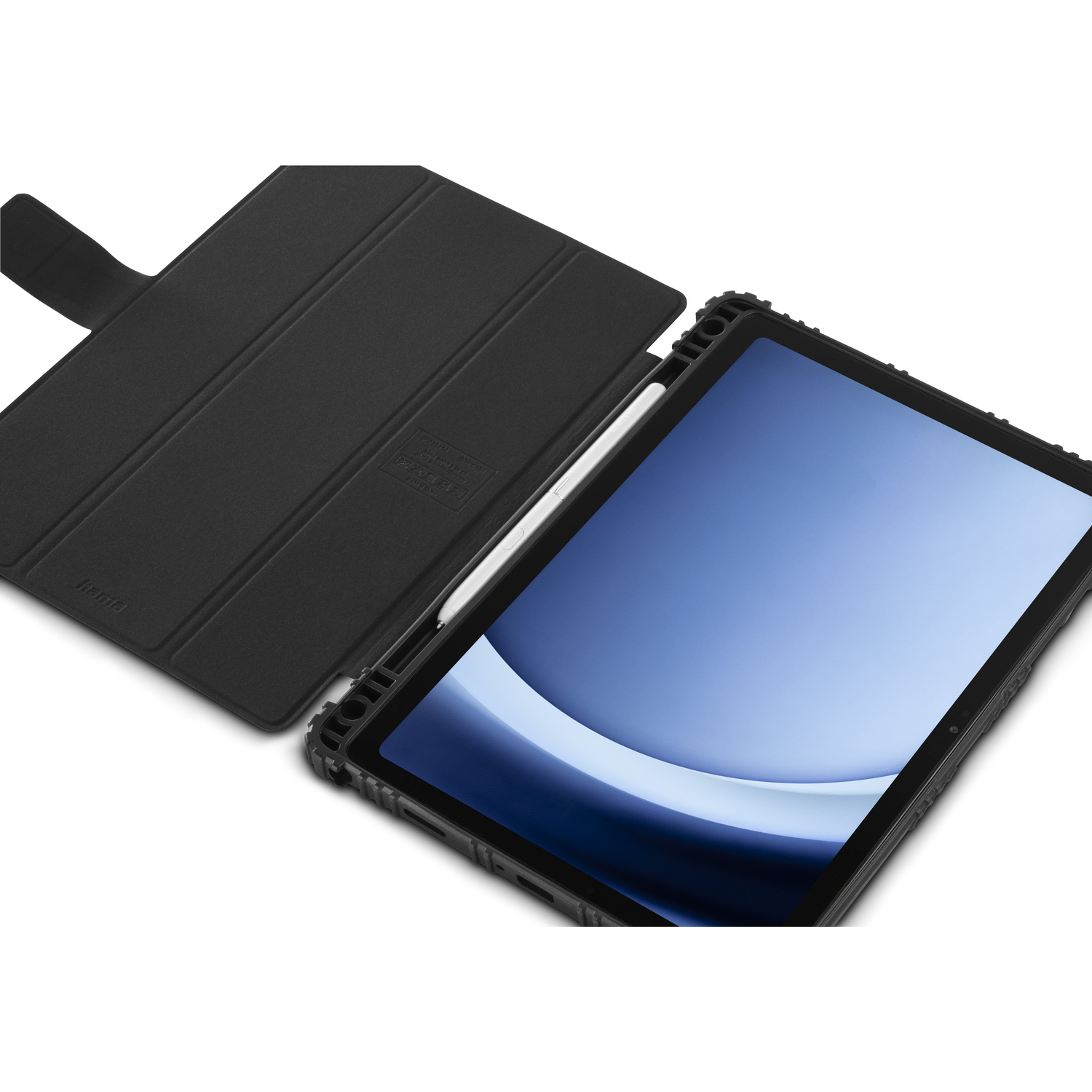 Black tablet with open case and stylus. White background.