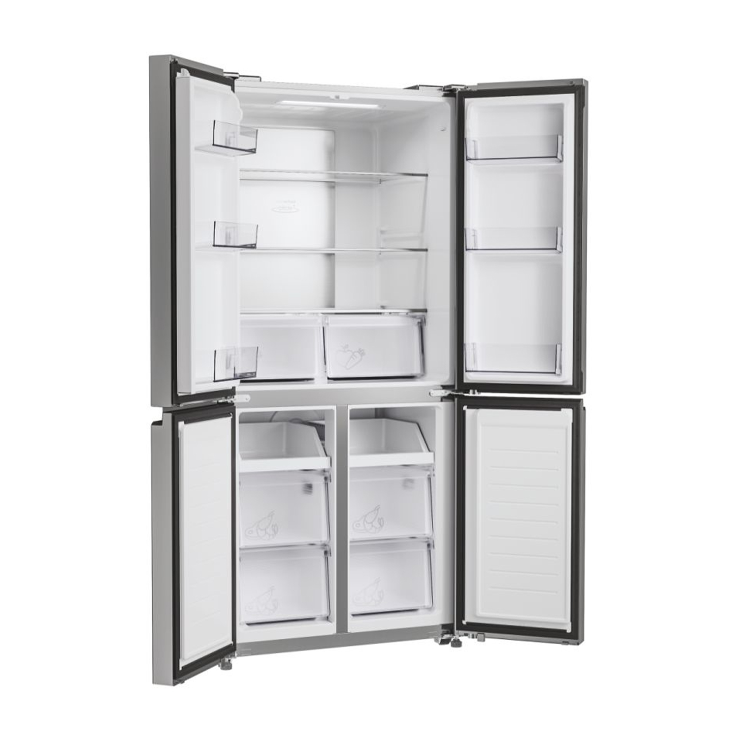 Un frigorifero con quattro porte aperte. All'interno ci sono ripiani, cassetti e contenitori per alimenti.