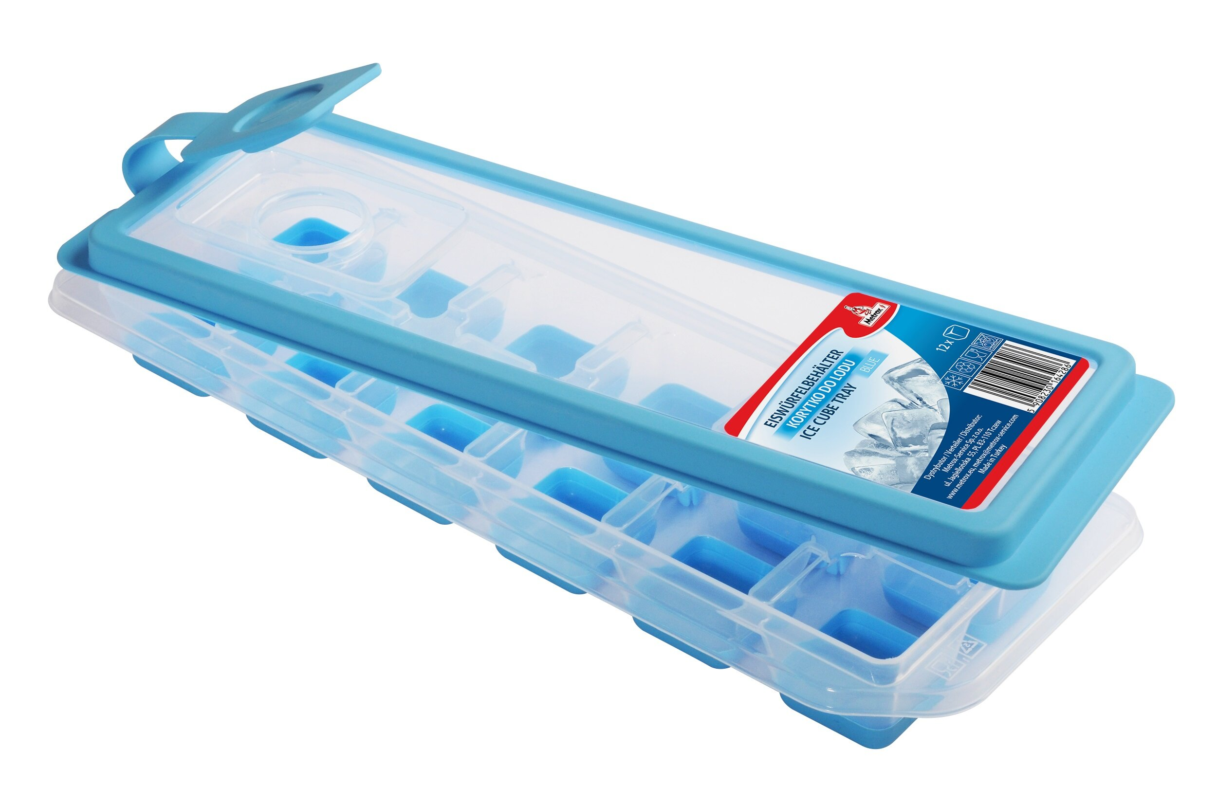 Jasnoniebieska tacka na kostki lodu z przezroczystą pokrywką, wypełniona niebieskimi kostkami lodu.