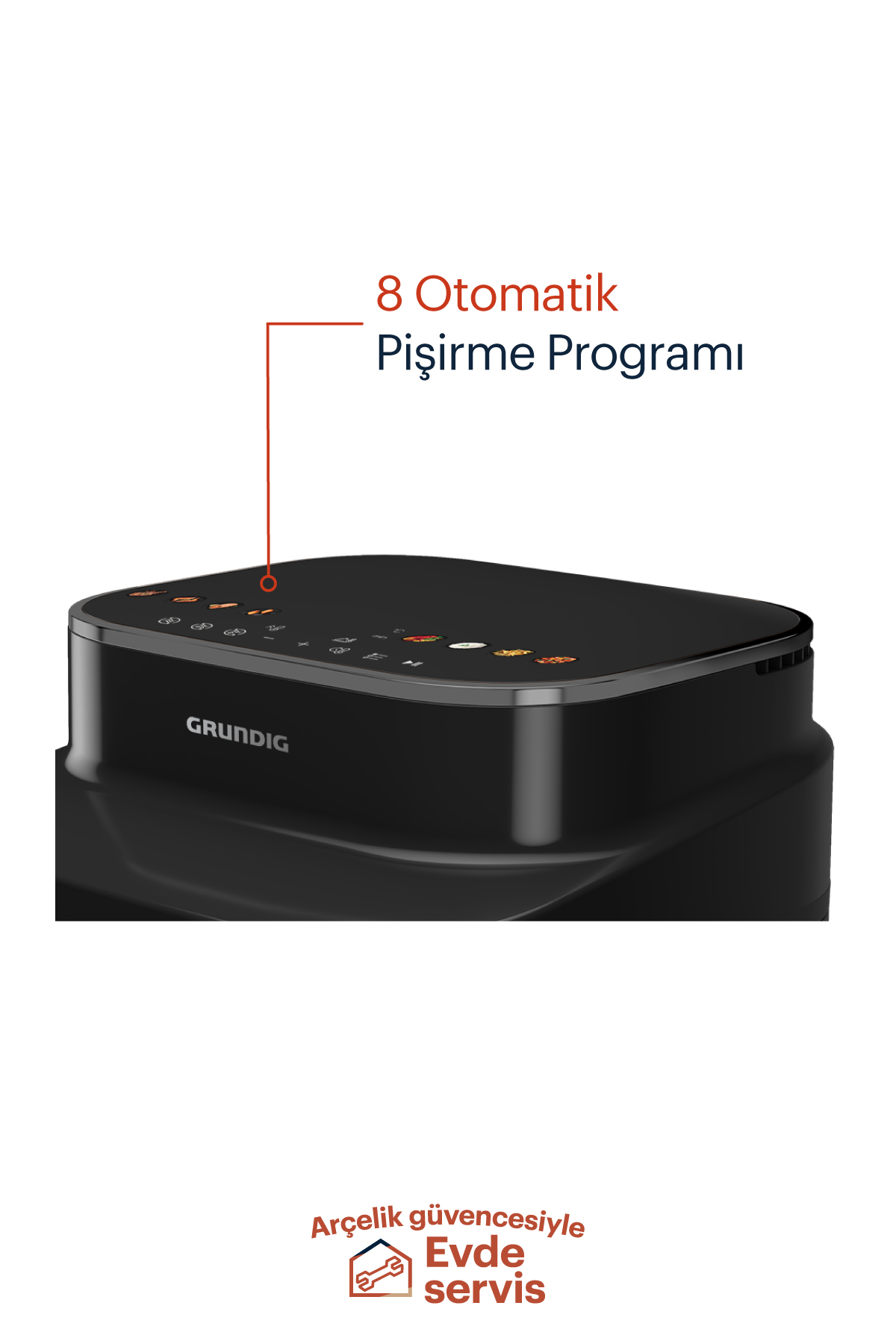8 otomatik pişirme programı ekranlı siyah bir cihaz.