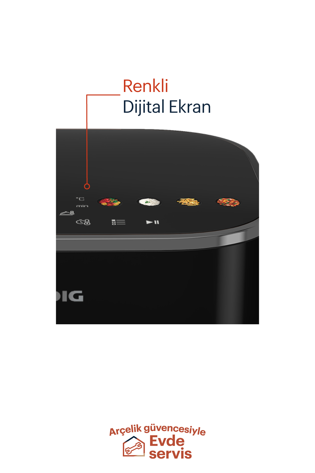 Siyah bir hava fritözünün, İspanyolca simgeler ve metin içeren kontrol paneline yakın çekim. Metin: Renkli Dijital Ekran.