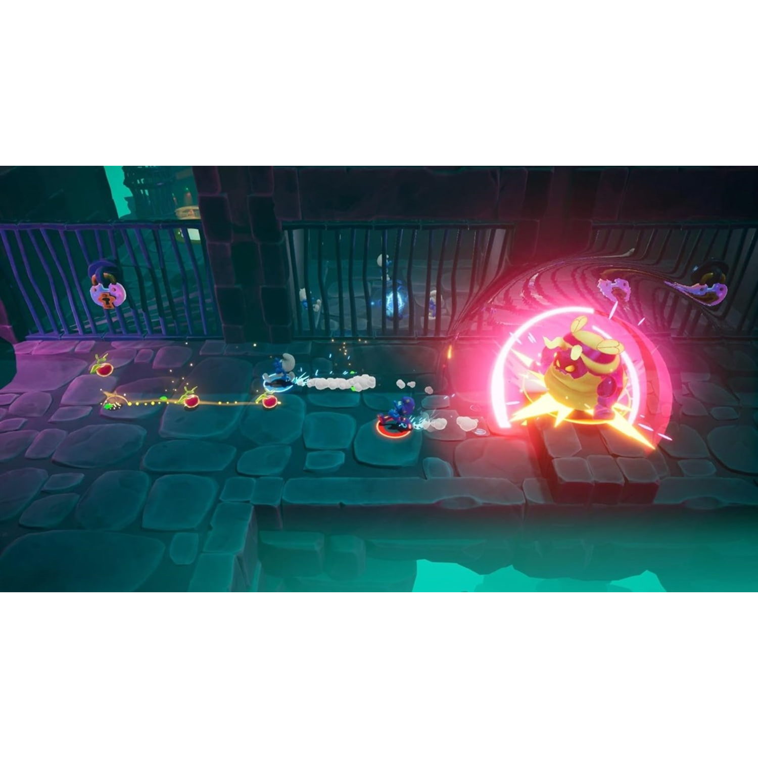 Videogame scène met cartoonfiguren die vechten in een paarse en blauwe omgeving.