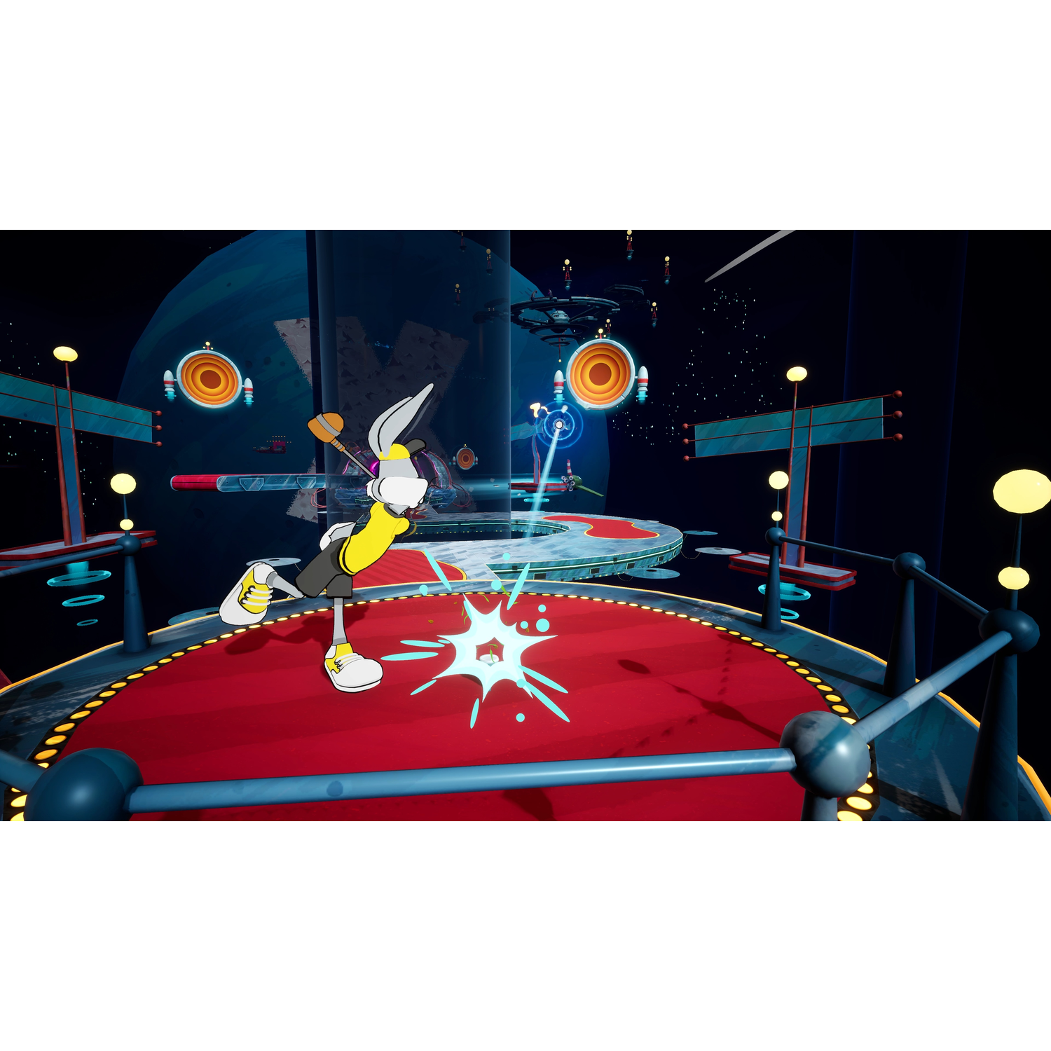 Bugs Bunny in a yellow shirt jumps in a futuristic video game scene.