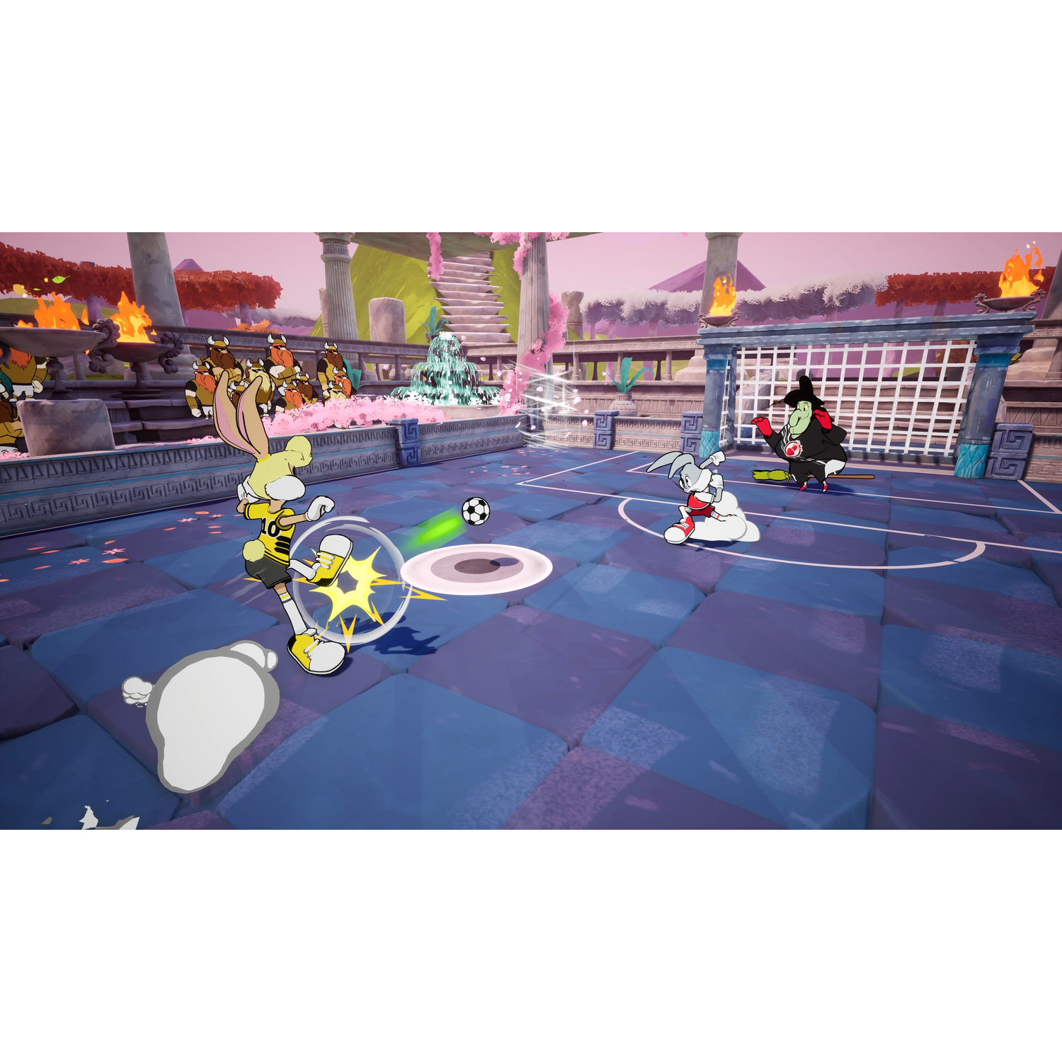 Animated characters playing soccer on a blue court with pink sky and stadium.