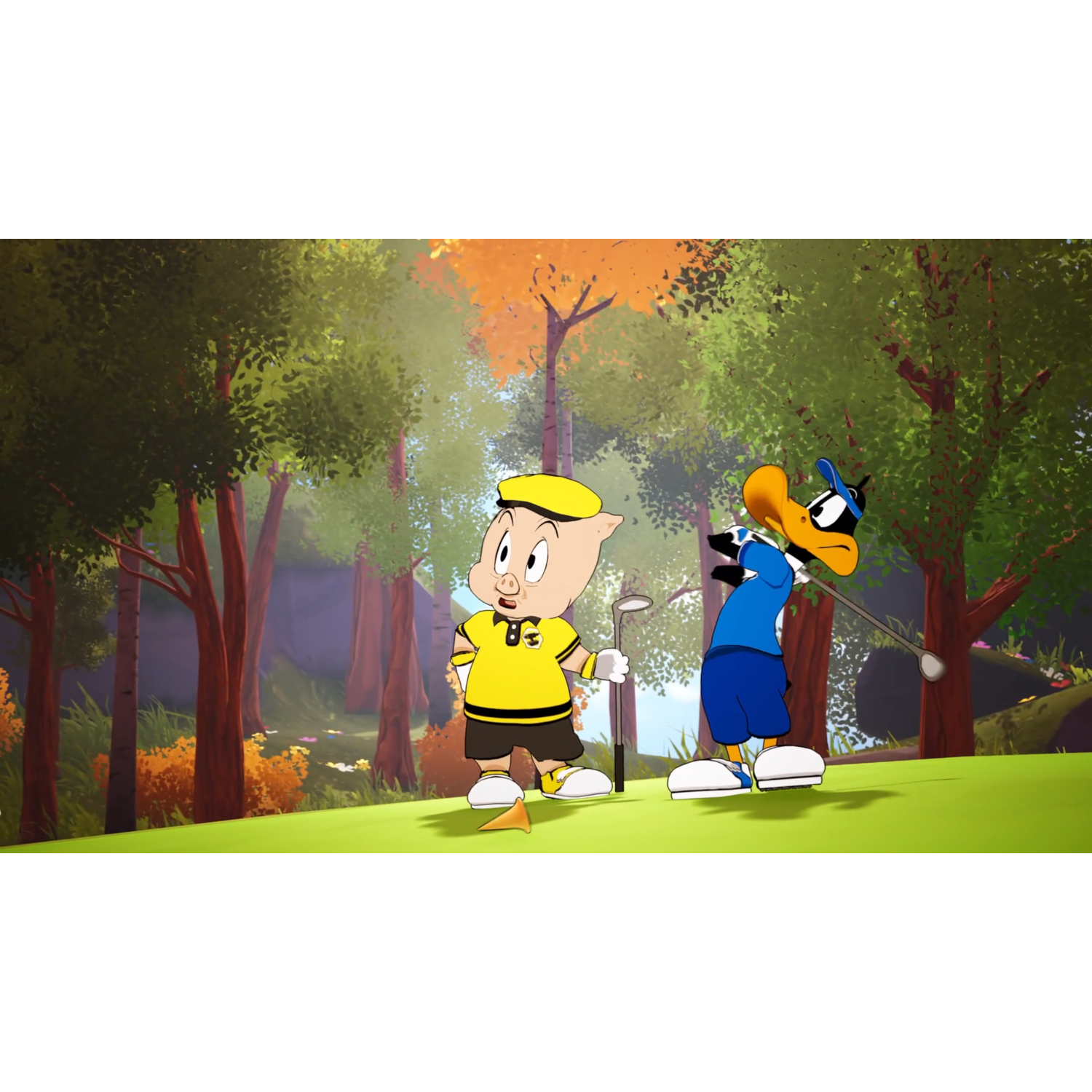 Porky Pig and Daffy Duck playing golf in a cartoon forest.