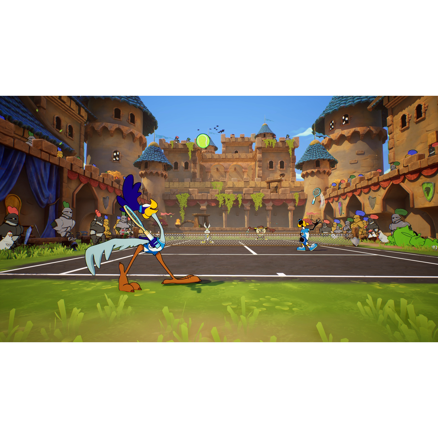 Looney Tunes tennis match. Road Runner serves against a blue-suited character in a castle setting.