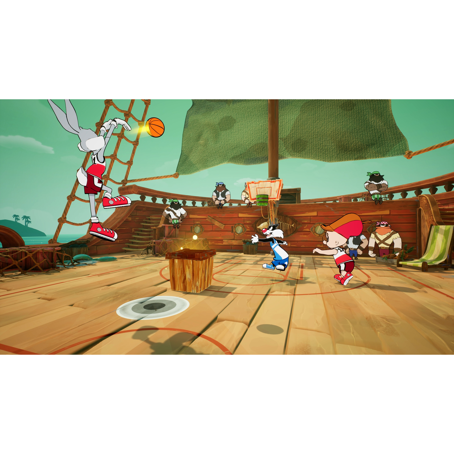 Cartoon scene on a ship with Bugs Bunny playing basketball. Other cartoon characters are present too.
