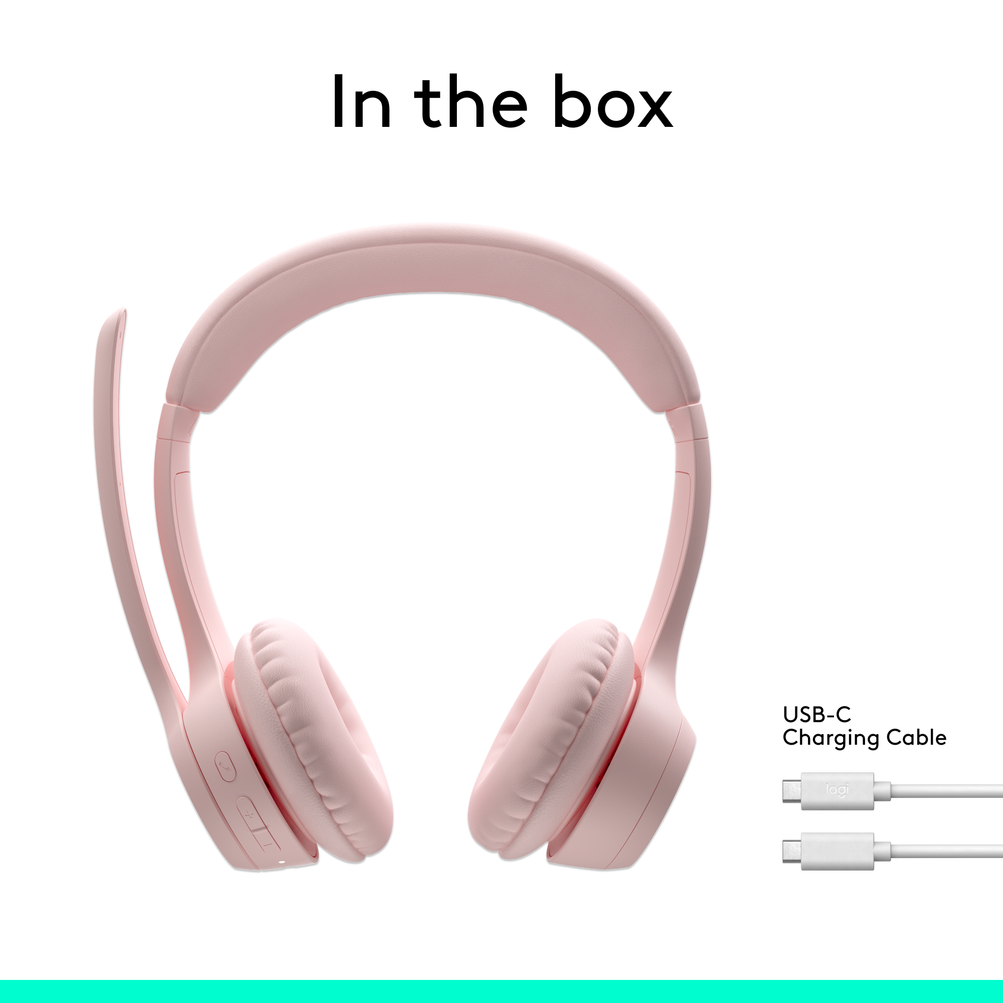 Rosafarbene Kopfhörer und ein Ladekabel befinden sich im Karton. Der Text 'In the box' steht oben.