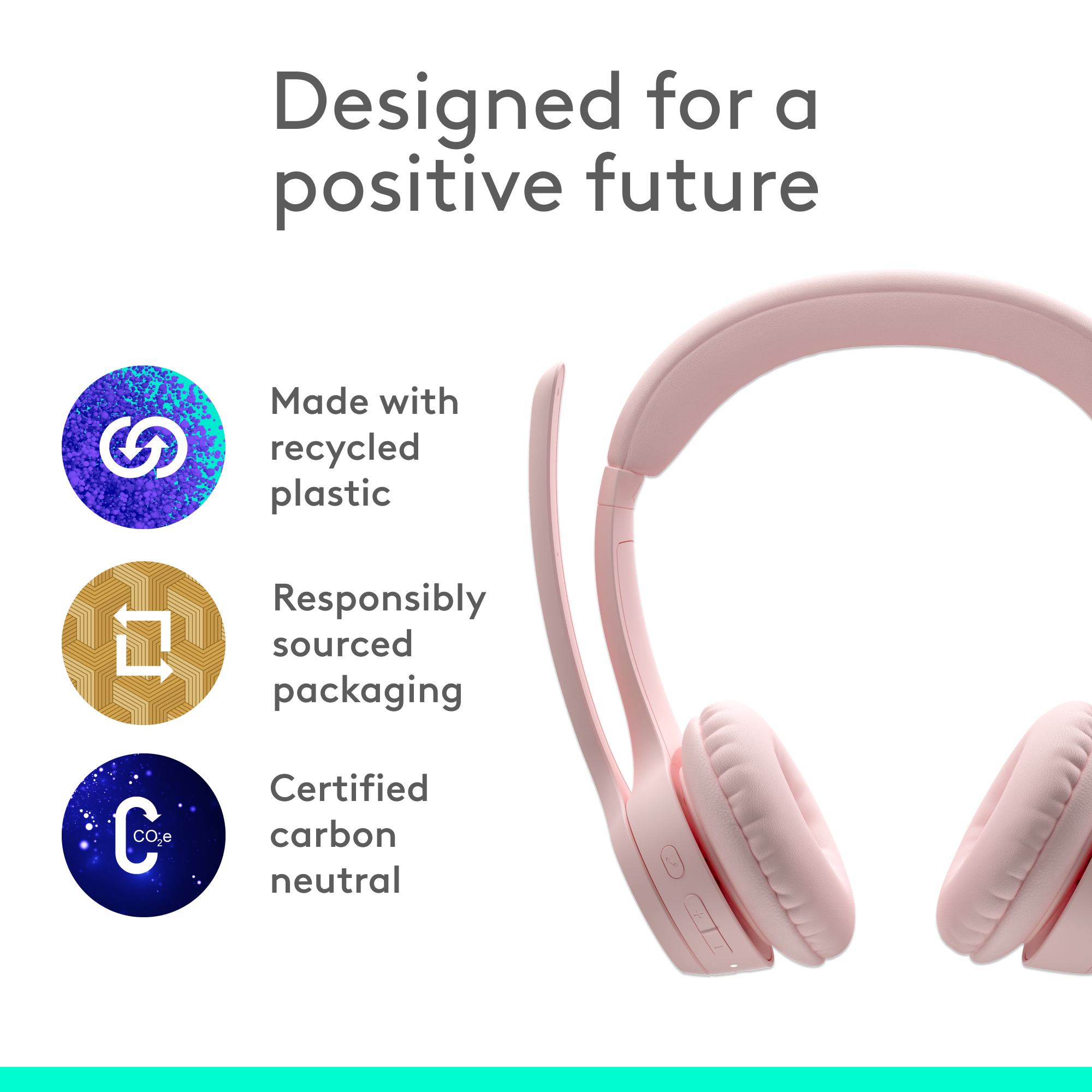 Rosa Kopfhörer mit Text über recycelte Materialien und Klimaneutralität.