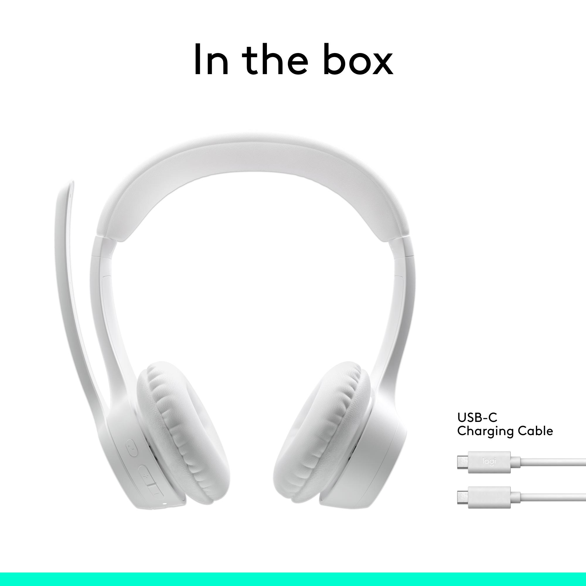 Weißes Headset mit Mikrofon und USB-C-Ladekabel. Text: „In der Box“.