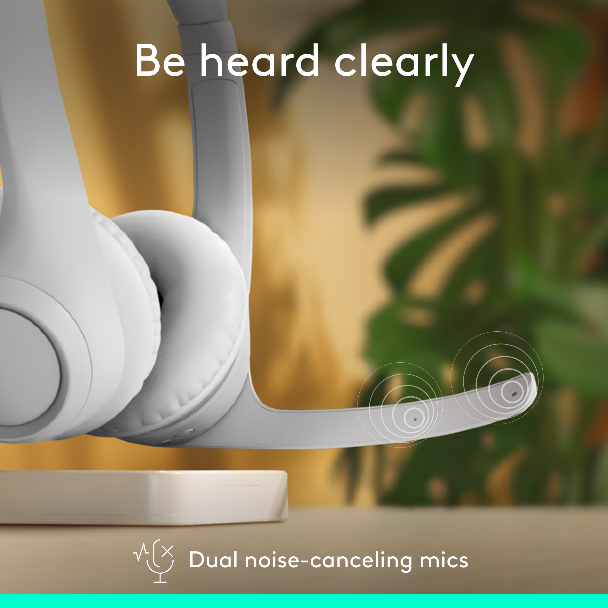 Weißes Headset mit Mikrofon. Text auf dem Bild lautet: 'Klar gehört werden' und 'Dual Noise-Cancelling-Mikrofone'.