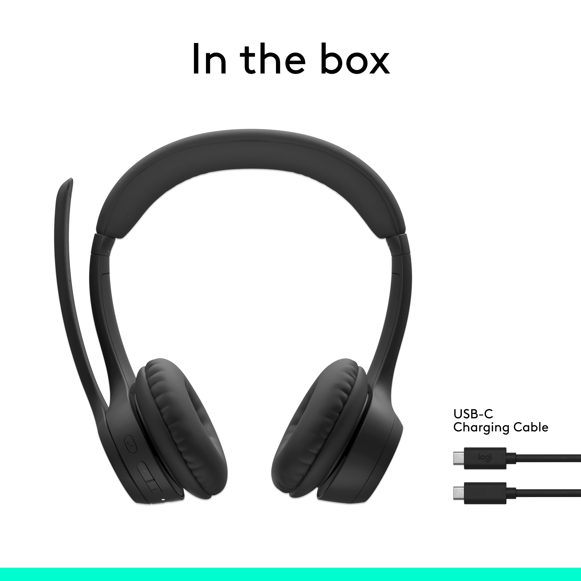 Cuffie nere con microfono e cavo di ricarica USB-C, su sfondo bianco.