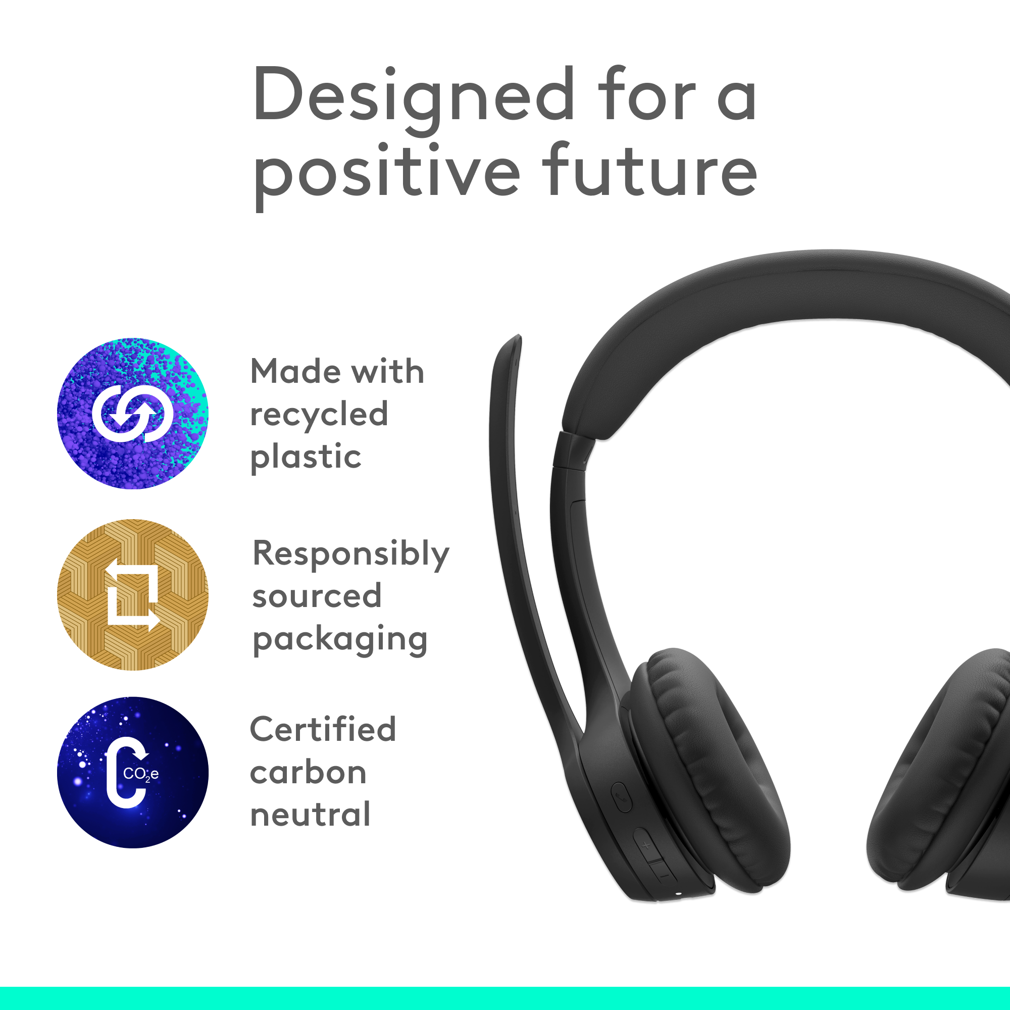 Cuffie nere con testo bianco su plastica riciclata, imballaggio e carbon neutral.