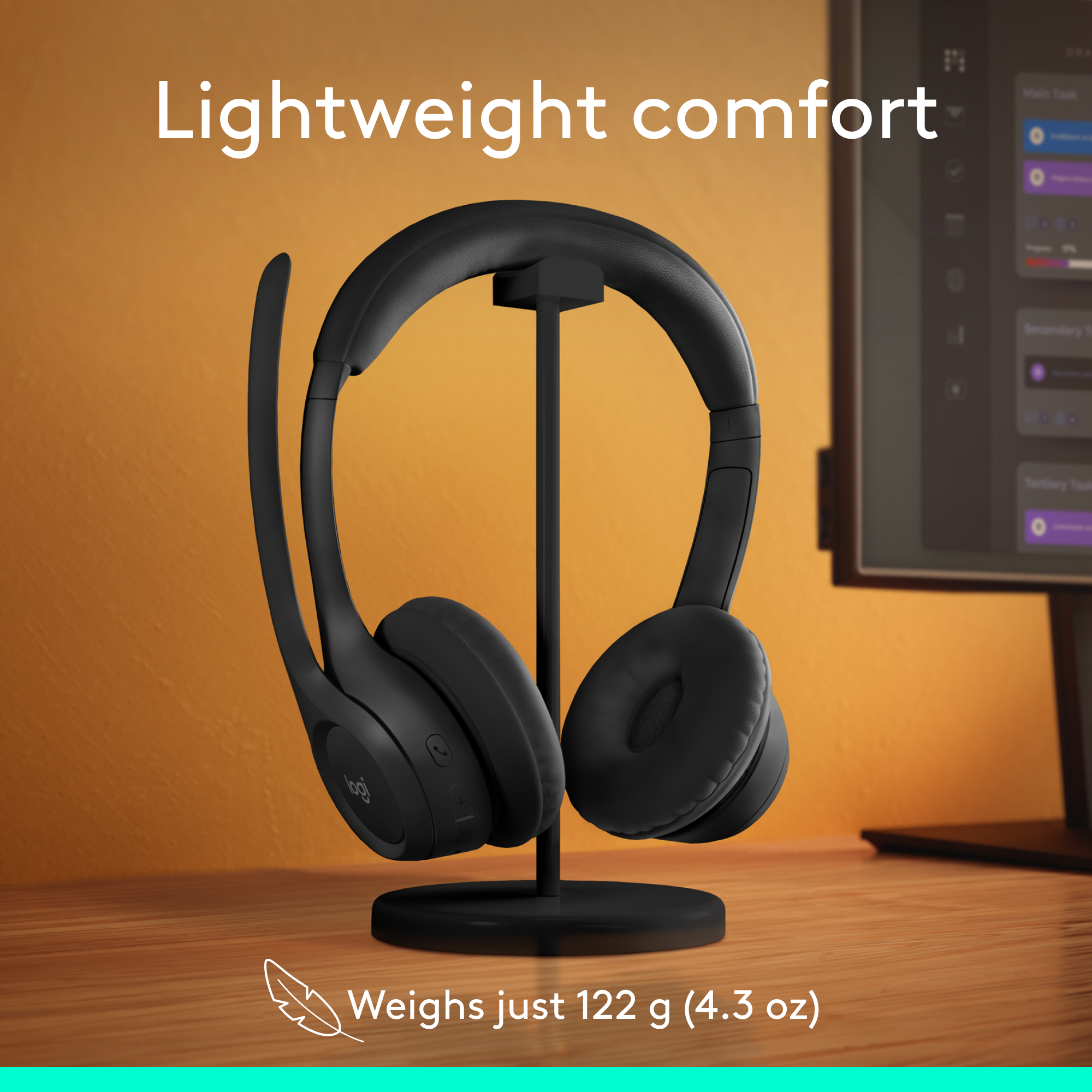 Cuffie nere su un supporto, il testo recita "Comfort leggero" e "Pesa solo 122 g".