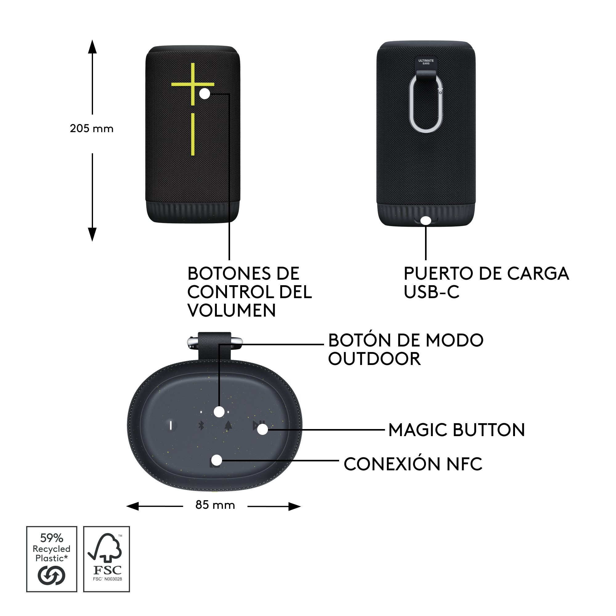 Altavoz UE Boom negro, con funciones, incluyendo control de volumen, puerto USB y botón mágico.