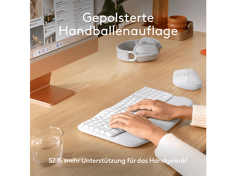 LOGITECH Wave Keys for Mac, Kabellose ergonomische Tastatur mit gepolsterter Handballenauflage, Bluetooth, DEU (Qwertz), Grauweiß — Foto 3 von 5
