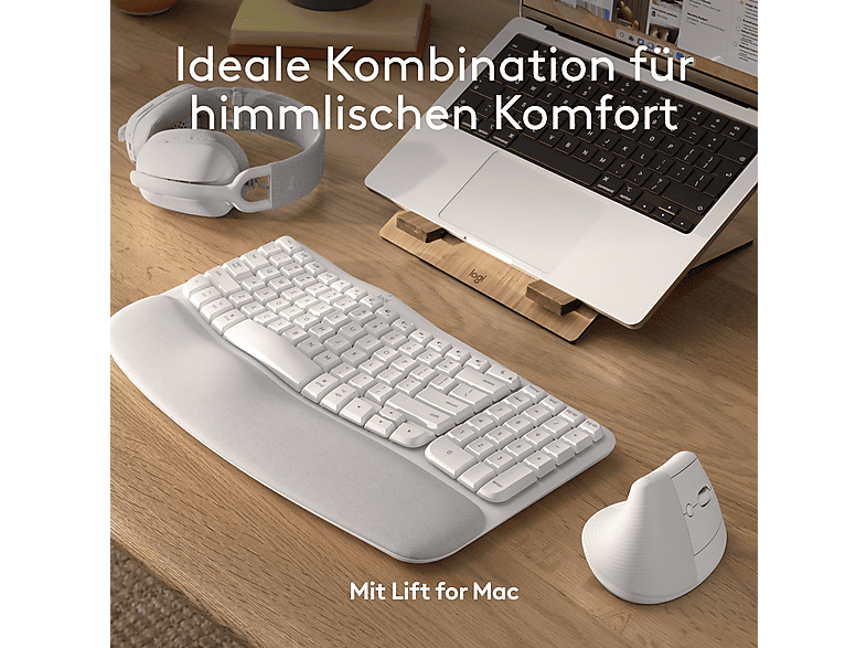 LOGITECH Wave Keys for Mac, Kabellose ergonomische Tastatur mit gepolsterter Handballenauflage, Bluetooth, DEU (Qwertz), Grauweiß — Foto 4 von 5