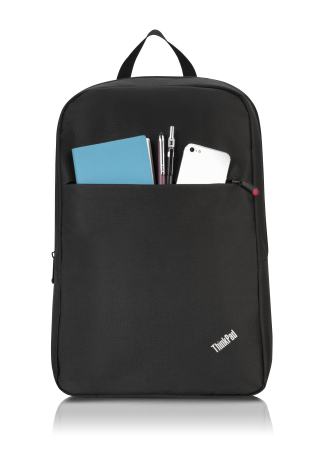 Mochila ThinkPad negra con bolsillo frontal que contiene un cuaderno azul, bolígrafos y un teléfono blanco.