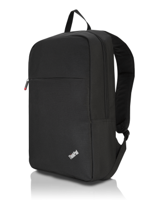 Mochila ThinkPad negra sobre fondo blanco. Tiene un asa y un bolsillo con cremallera.